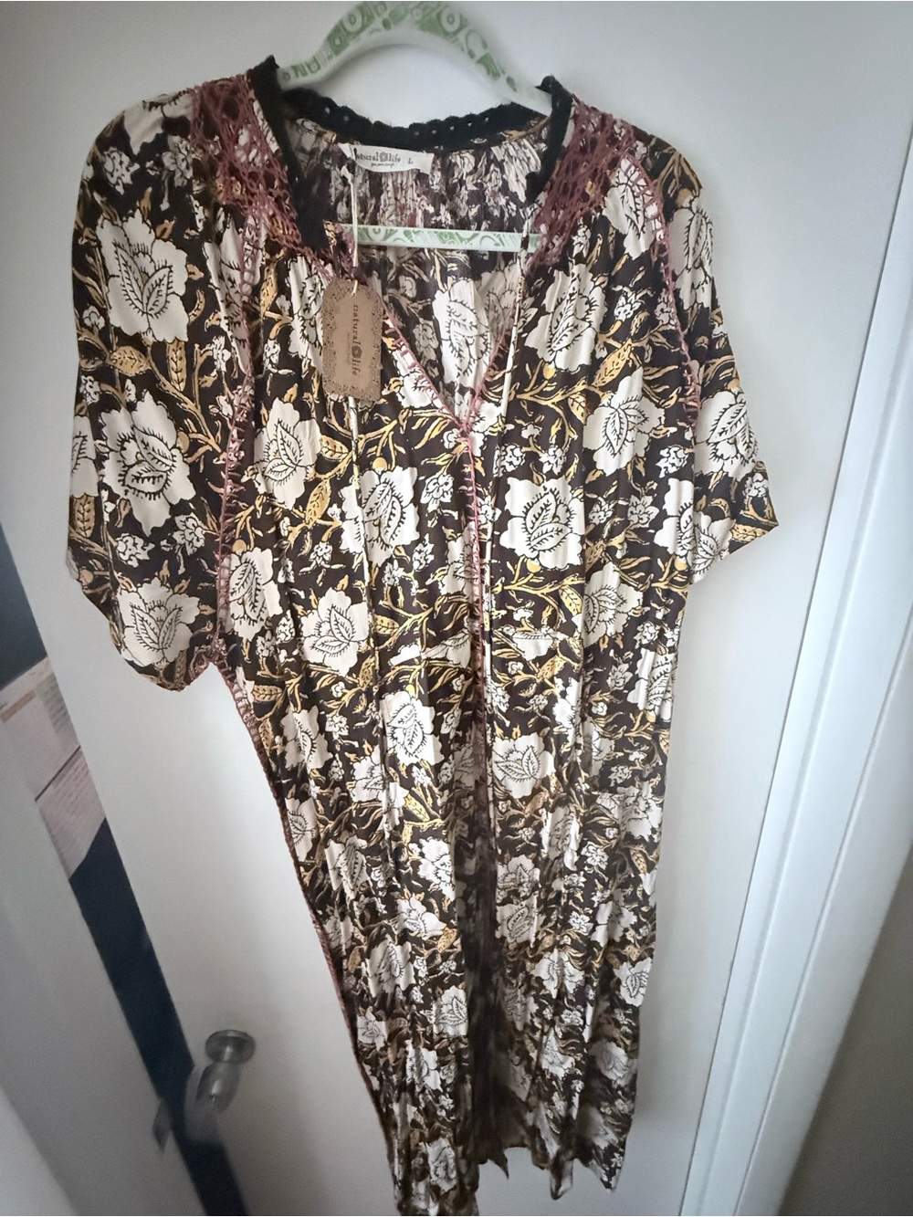 Natural Life Boho Floral Maxi Dress in Brown, Cream & Gold